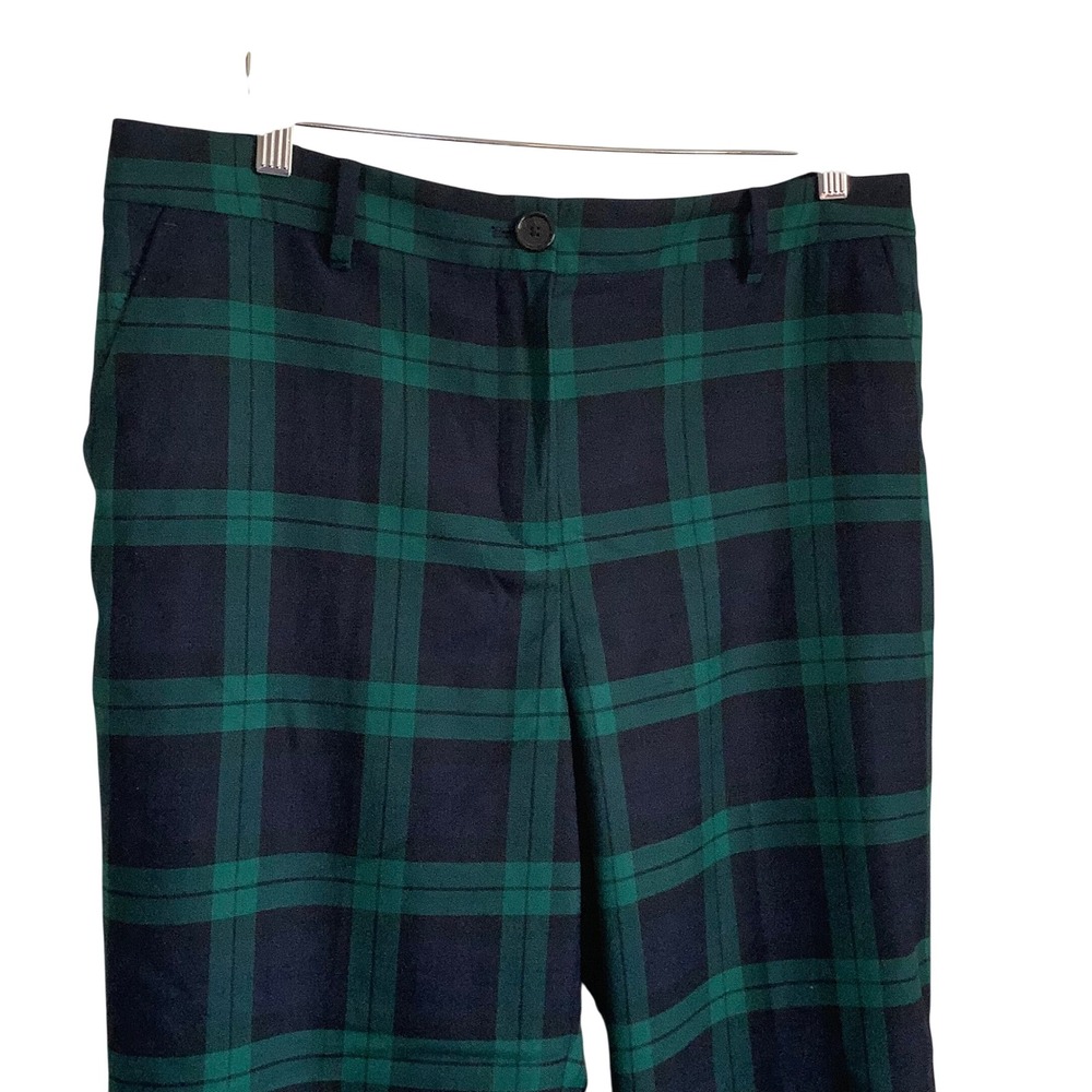Talbots Womens 14P Black Watch Plaid Wool Blend Straight Leg Pants Green Navy